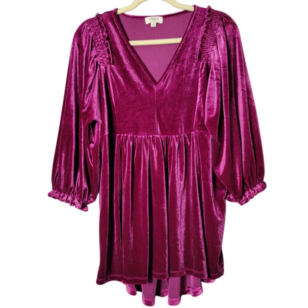 Umgee Womens Fuchsia Velvet V-Neck Peasant Witchy Coquette Babydoll Tunic Top S